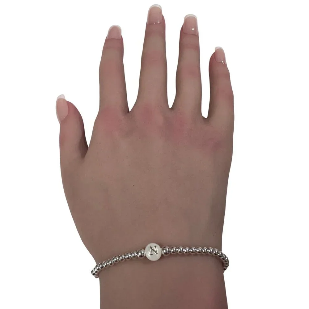 925 Sterling Silver Beaded Stretch Stacking Bracelet MOP Letter Initial N - Picture 3 of 6